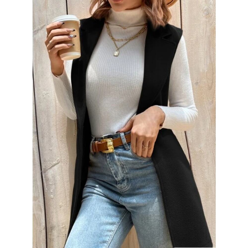 Love Cameron Women MEDIUM Gray Sleeveless Lapel Neck Vest Overcoat Long Jacket